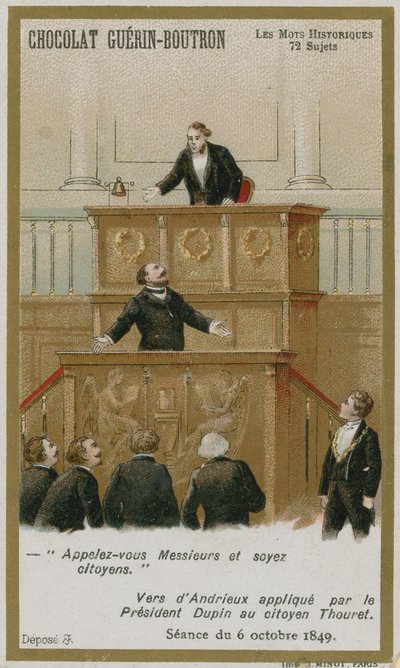 Chocolat Guerin-Boutron trade card, Historic Words series by French School
