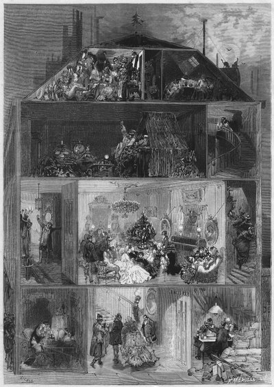 Christmas Eve: cross section of a Parisian building presenting different ways to celebrate New Year