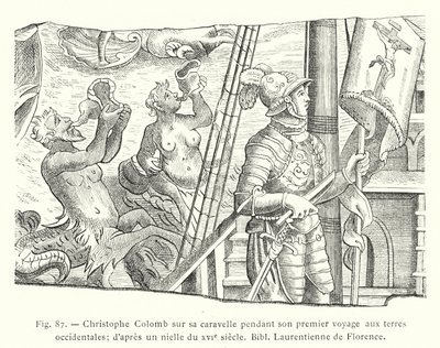 Christopher Columbus on His Caravel During His First Voyage to the Western Lands; After a Niello from the 16th Century, Laurentian Library of Florence by French School