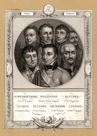 Coalition military commanders of the Napoleonic Wars: Fabian Gottlieb von der Osten-Sacken, Russian General of Infantry; Matvei Platov, Russian General in command of the Don Cossacks; Karl Philipp von Wrede, Bavarian General; Francisco Javier Castanos, Spa by French School