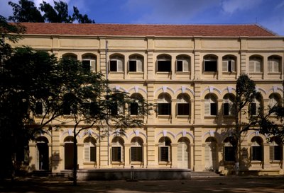 Colonial architecture in Vietnam: Detail of the Puginier School, Christian school founded by Monsignor Puginier, built in 1898, military style architecture by French School