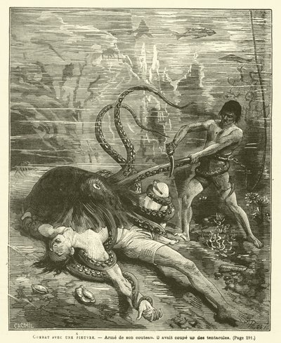 Fight with an Octopus (engraving) by French School