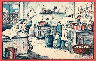 Cooks working in a kitchen by French School