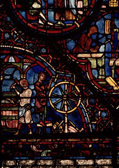 Coopers at work, detail from the Life of St. Julian the Hospitaller window in the north ambulatory by French School