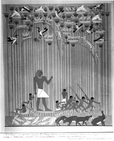 Copy of an Egyptian painted relief depicting Fishing and Harpooning Hippopotamus, from Tomb of Ti and Ptah-Hotep in Saqqara, 5th Dynasty, Old Kingdom by French School