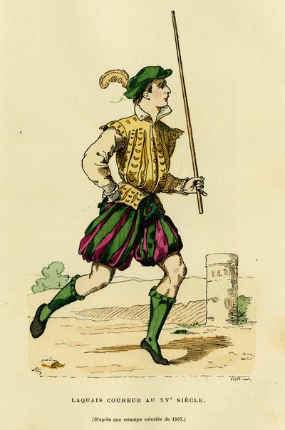 Costume of lackey runner in the 15th century. Colour engraving, in 