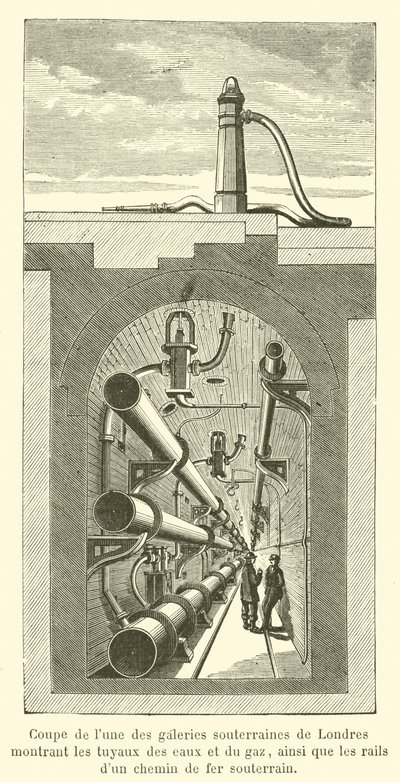 Section of One of the Underground Galleries in London Showing Water and Gas Pipes (engraving) by French School