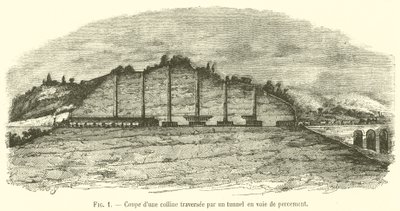 Cross-Section of a Hill Traversed by a Tunnel Under Construction by French School