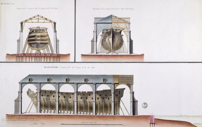 Cross-section and elevation of a ship by French School