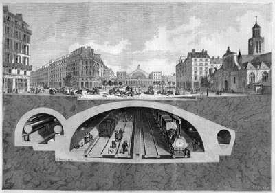 Cross section representing the underground railway project in Paris, from the Vilette to the central halls, in 1861. Engraving in 
