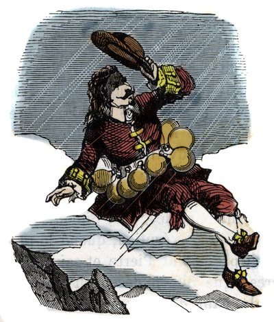Cyrano de Bergerac rises in the sky thanks to vials of rosee and voyage to the moon, illustration of the novel by Hercules Savinien Cyrano de Bergerac (1619-1655): 