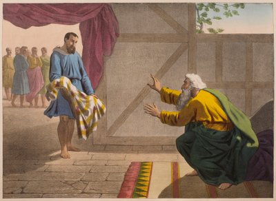 David showing to Saul a piece of his clothes, illustration from a catechism 