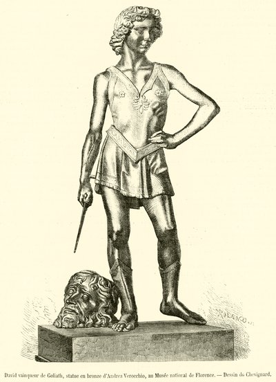 David victorious over Goliath, bronze statue by Andrea Verrocchio, at the National Museum of Florence (engraving) by French School