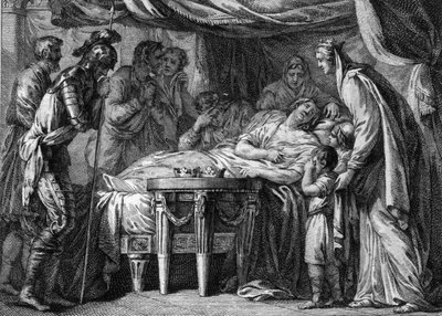 Death of Childebert II (570-596), king of Neustria, Orleans and Burgundy, as a result of poisoning. 596. Engraving of the 18th century by French School
