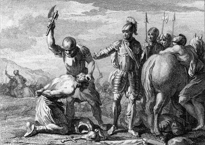 Decapitation of Syagrius, 486: execution of Roman General Siagrius defeated in the Battle of Soissons by the troops of Clovis 1. Engraving of the 18th century by French School