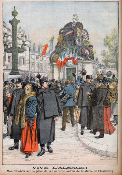 Demonstration calling for Alsace to be returned to France. Demonstrators surrounding the statue of Strasbourg in the Place de la Concorde in Paris. Long live Alsace! Demonstration on Place de la Concorde around the statue of Strasbourg. Illustration for Le by French School