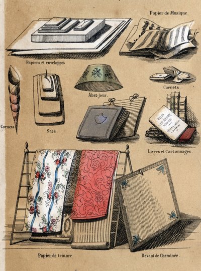 Description of the different products and uses of paper: different objects made from paper (envelopes, sheet music, bags, lampshades, notebooks and books, wallpaper). Plate 