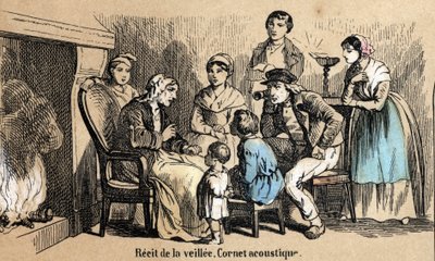 Description of the five senses: detail of the hearing, the recits during the night in the cottages, an old man uses an acoustic cone. Plate 