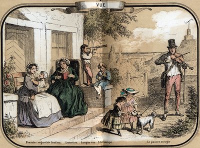 Description of the five senses: the view, from left to right, an infant opening her eyes to her mother, an old woman reading with glasses, a little boy playing with a long view allowing to see from a long distance, another using a microscope by French School