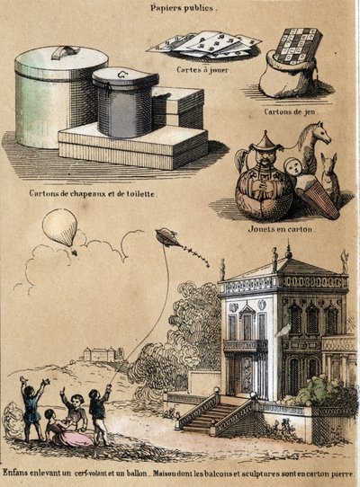 Description of the various products and uses of paper: cardboard and hat boxes, playing cards, games such as kites or balloons. Plate 