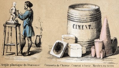 Description of the various stages of manufacture and uses of clay: a sculptor shaping clay and using clay for cement and earth moulds. Plate 