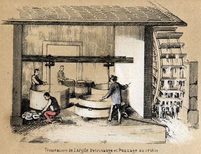 Description of the various stages of manufacture and uses of clay: crushing, peeling and screening of clay. Plate 