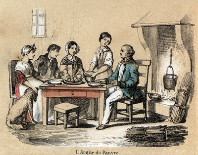 Description of the various stages of manufacture and uses of clay: the use of clay in the poor interns, a family reunited at the table eating in clay plates of mediocre quality. Plate 