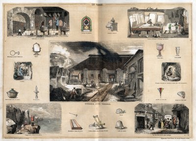 Description of the various stages of manufacture and uses of glass: view of the interior of a glass factory, manufacture of bottles in a glass blower workshop, gilding, polishing and stamping of ice, and various objects (microscope, mirror, glasses, thermo by French School