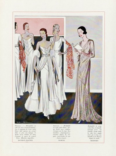 Design for Evening Dresses by Depouy-Magnin, Worth, and Redfern by French School