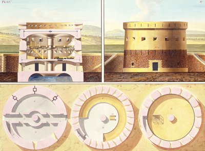 Design for a Fortification on the Outskirts of Paris - a Perspective View, Section and Three Floor Plans of the Central Tower, c.1813 by French School