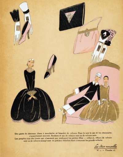 Design for a Black Velvet Dress and Accessories with Two Dolls, Les Idées Nouvelles by French School
