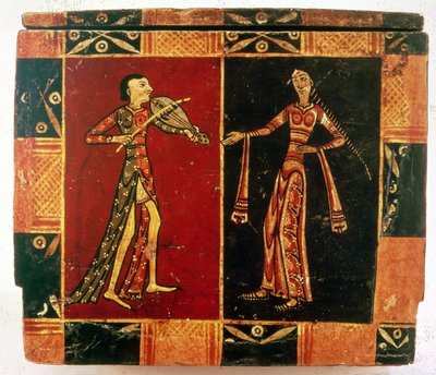 Detail from a wedding chest depicting a musician and a dancer by French School