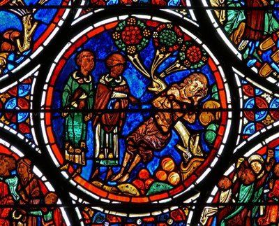 Detail from a Window Depicting the Parable of the Good Samaritan: The Priest and Levi Pass By by French School