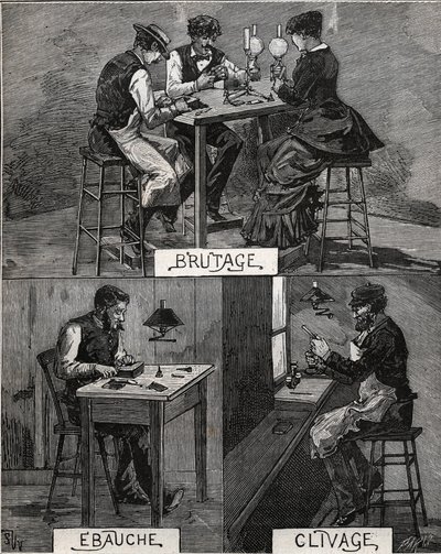 Diamond cutting, sound, rough and cleavage. Engraving from 1885 in 