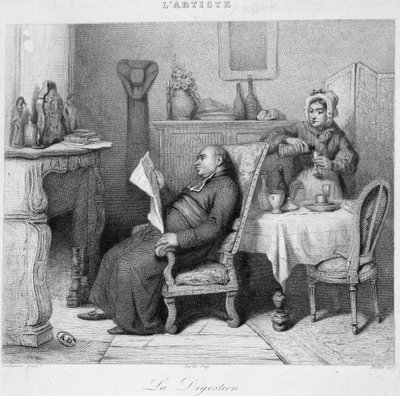 Digestion: Priest Reading His Diary in Front of the Chimney While His Maid Serves Him a Digestive - Engraving by French School