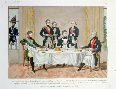 Dinner in Tilsit between Frederick William III of Prussia, Tsar Alexander I of Russia and Napoleon, who raises a toast to the Queen of Prussia, 3rd June 1807 by French School