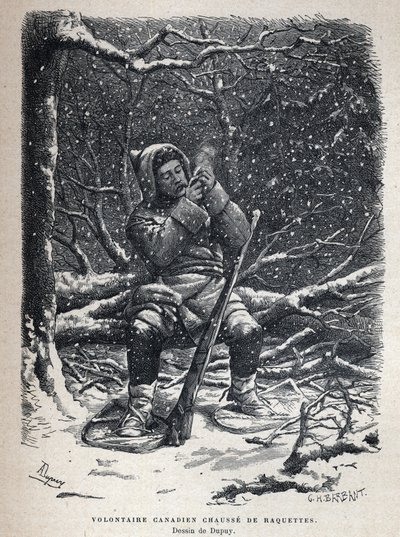 Discover Canada: Canadian Army Volunteer Snowshoe Shoes. Drawing by Dupuy. Engraving from the End of the 19th Century in La Nouvelle France by Eugene Guenin by French School