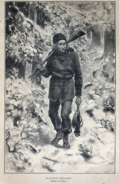 Discovery of Canada: portrait of a Canadian trapper in the forest. Engraving from the end of the 19th century in 