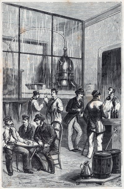 Distillator shop in Paris in the 19th century - Engraving in Sciences made available to all - physics and chemistry by Alexis Clerc - End 19th century - Private collection by French School