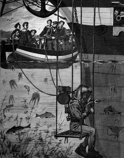 Diver apparatus: the scaphandler at work by French School
