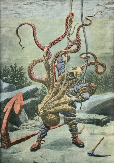 Diver attacked by an octopus by French School