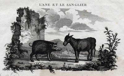 Donkey and Boar. Fable of Aesop. Written by Guillaume Montfort and engraved by Beauble in 1801. by French School