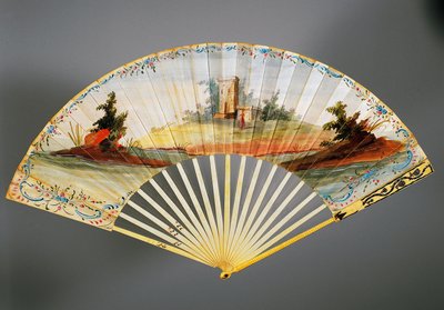 Double leaf hand fan painted with pastoral scene, back by French School
