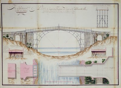 Drawings and Cross section of the Iron Bridge constructed in 1779 at Coalbrookdale, Shropshire, England, 1784 by French School