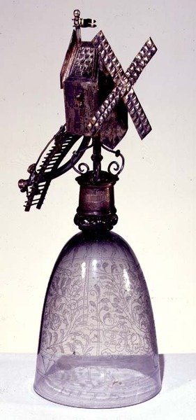Drinking glass with metal foot in shape of a windmill, engraved with diamond point by French School
