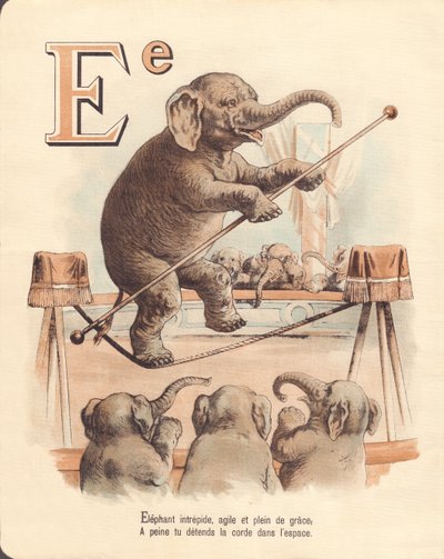 E: Elephant, equilibrist intrepid elephant, agile and full of grace, barely relax the rope in space by French School