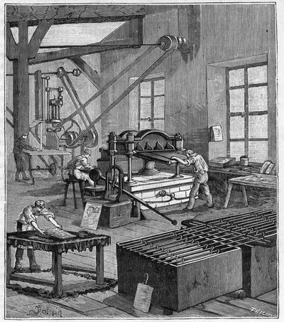Electroplating - Electroplating workshop of Monsieur Rousset in Paris in the 19th century - Engraving in Sciences set at the door of all - physics and chemistry by Alexis Clerc - End 19th century - Private collection by French School