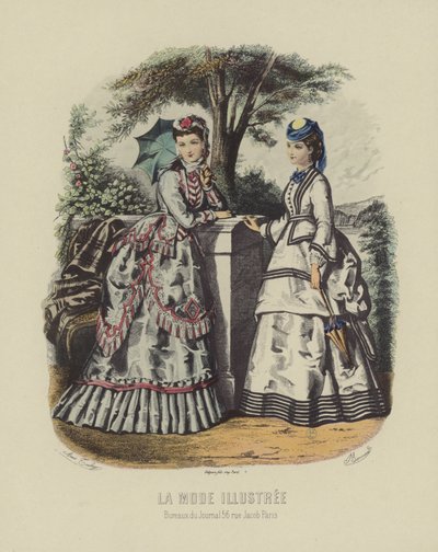 Elegant Women in Period Dress Standing in Garden by French School