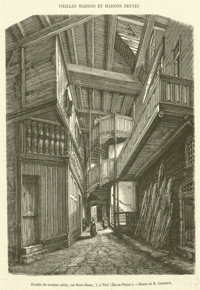 Sixteenth-century staircase, Notre-Dame Street, 7, in Vitre, Ille-et-Vilaine (engraving) by French School