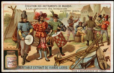 Evolution of Musical Instruments: The Instruments of the Lansquenets in the 15th Century. Military Drum, Flute, Triangle, Trumpet, a Kind of Bagpipe and Other String Instruments. Late 19th Century Liebig Chromolithography. by French School